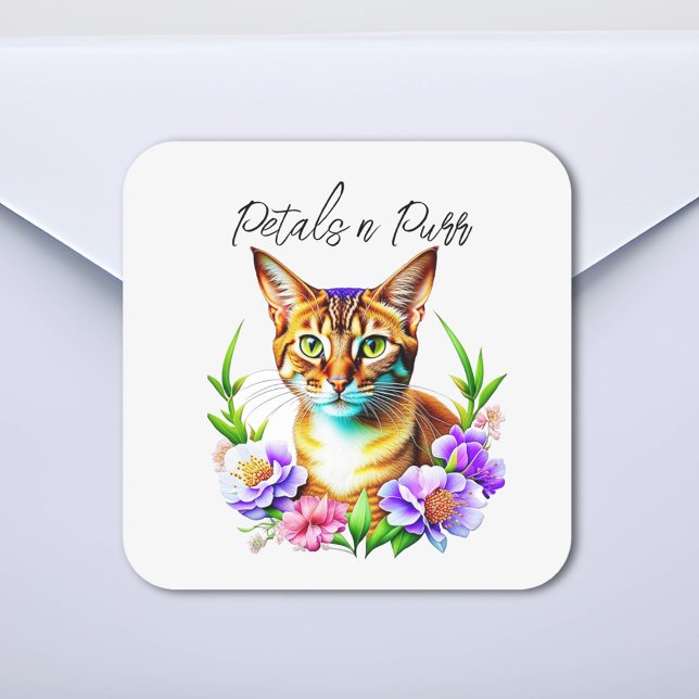 Sticker Carré Pétales et Purr Cute Chat et jolies Fleurs (Créateur téléchargé)