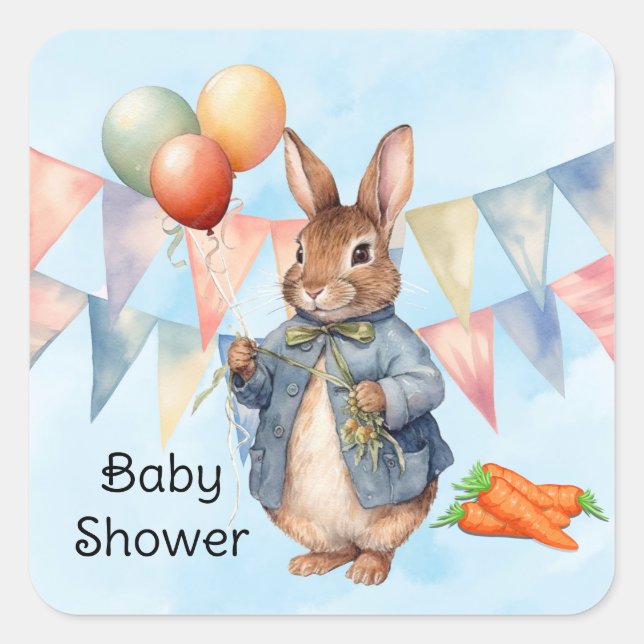 Sticker Carré Peter Rabbit Watercolor Baby shower garçon (Devant)