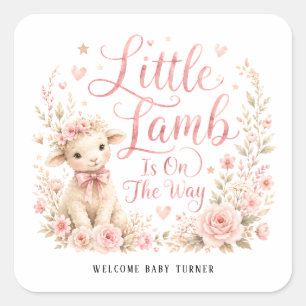 Sticker Carré Petit Agneau Est En Route, Baby Shower Fleur Rose