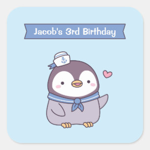Sticker Carré Petit Anniversaire de enfant de pingouin à voile