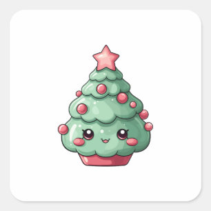 Sticker Carré Petit arbre de Noël Kawaii avec visage souriant