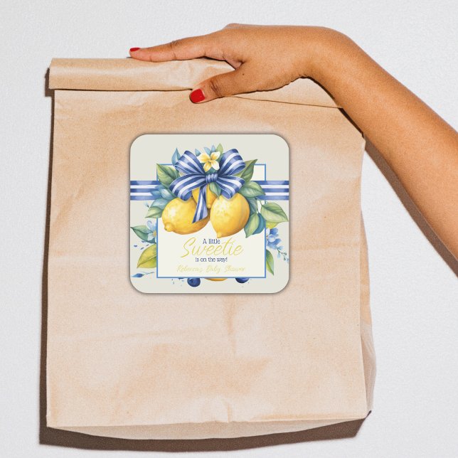 Sticker Carré Petit Baby shower citron en carreaux bleu doux (Créateur téléchargé)