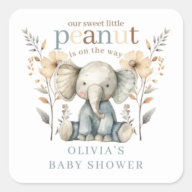 Sticker Carré Petit Baby shower éléphant Bébé bleu arachide (Devant)