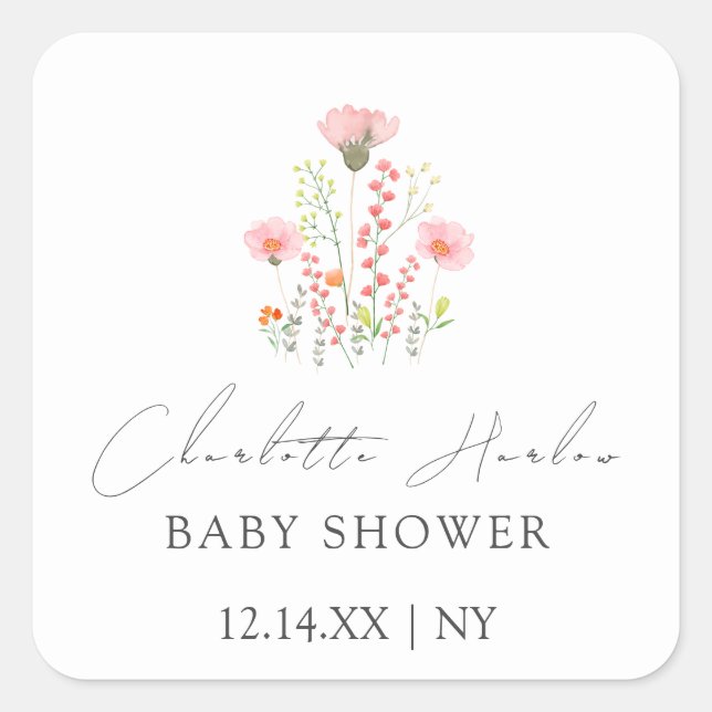 Sticker Carré Petit Baby shower Fleur sauvage simple et élégant (Devant)