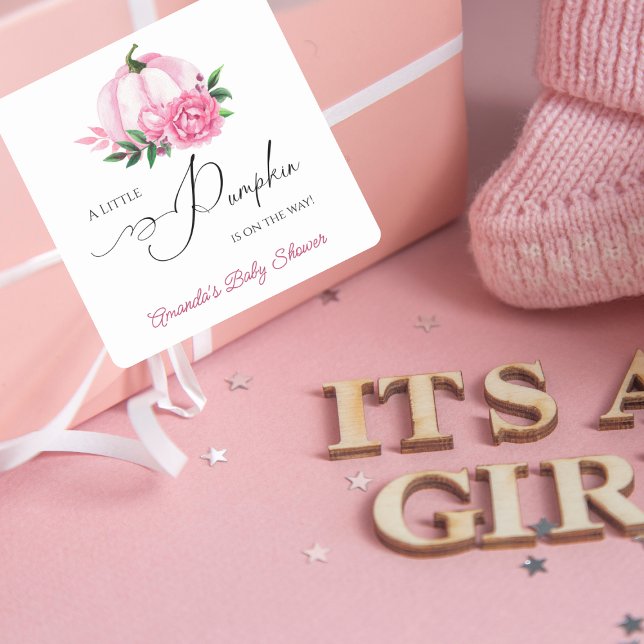 Sticker Carré Petit Baby shower Rustique rose-rose-blanc Citroui (Créateur téléchargé)