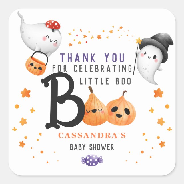 Sticker Carré Petit Boo mignon Halloween Baby shower Merci (Devant)