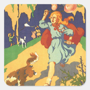 Sticker Carré Petit Chaperon Rouge Vintage, Chien et Ballons