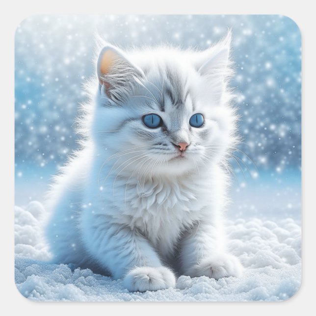 Sticker Carré Petit chaton blanc dans Noël de neige (Devant)