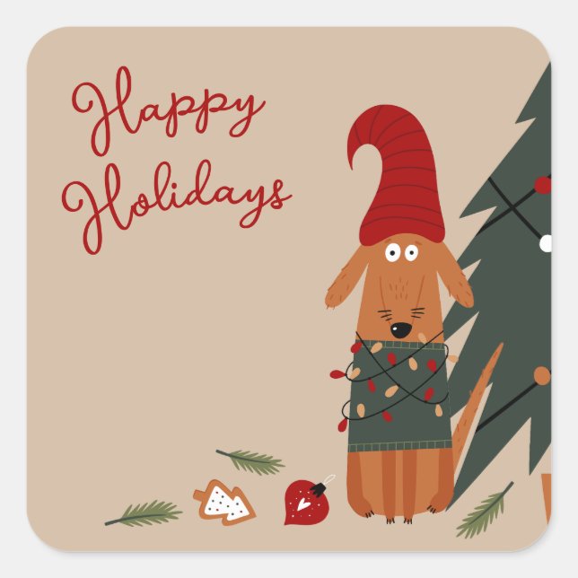 Sticker Carré Petit chien et arbre de Noël (Devant)