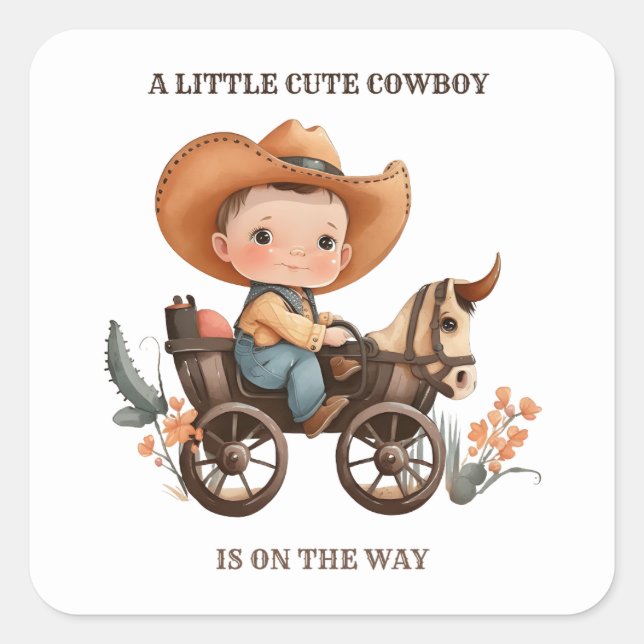 Sticker Carré petit cowboy en chemin, garçon baby shower ouest (Devant)