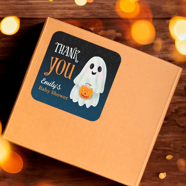 Sticker Carré Petit fantôme citrouille Halloween baby shower (Little boo ghost pumpkin Halloween baby shower Square Sticker)