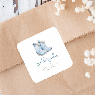 Sticker Carré Petit Garçon Bottes de Cow-Boy Bleu Baby Shower