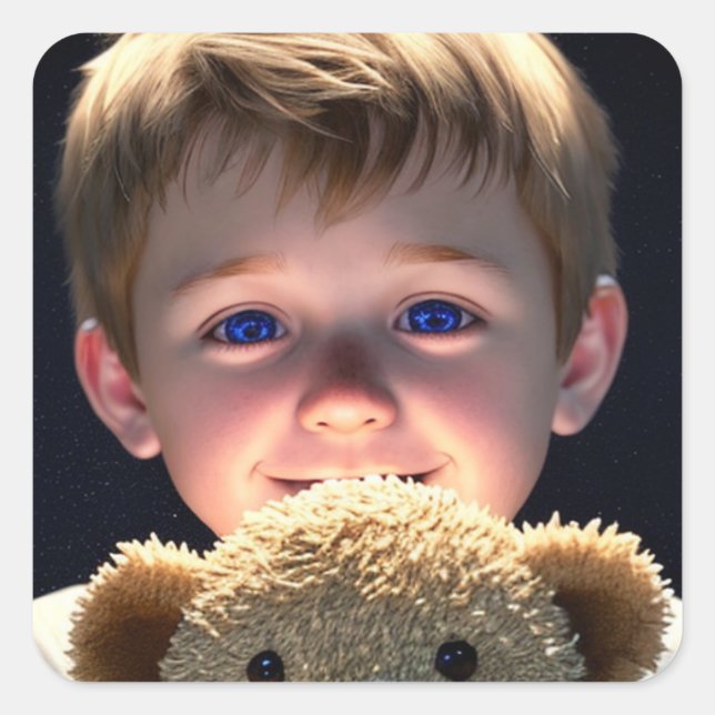 Sticker Carré Petit garçon mignon avec ours en peluche (Devant)
