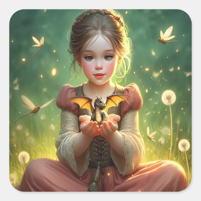 Sticker Carré Petit gardien de dragon avec papillons (Devant)