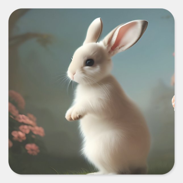 Sticker Carré Petit lapin blanc mignon et Rose (Devant)