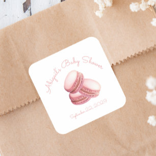 Sticker Carré Petit Macaron de Cookie Rose Fête Prénatale Bébé F