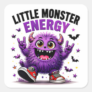Sticker Carré Petit Monstre Énergique Drôle Violet Halloween