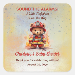 Sticker Carré Petit ours en peluche pompier Baby Shower