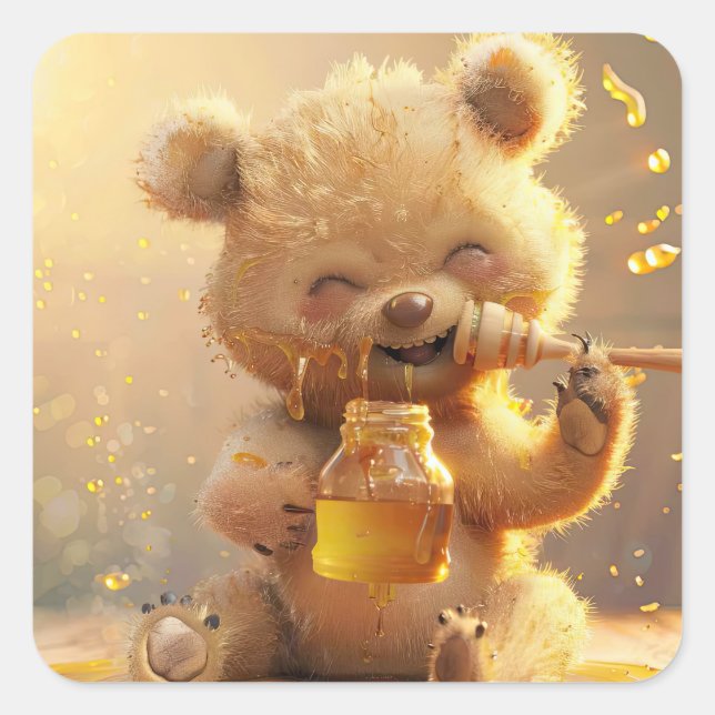 Sticker Carré Petit ours mangeant du miel (Devant)