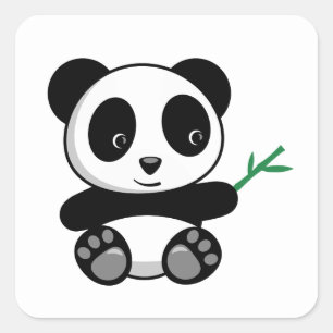 Sticker Carré Petit Panda mignonne avec bâton en bambou