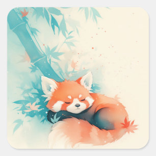 Sticker Carré Petit Panda Roux Endormi avec Feuilles d'Automne