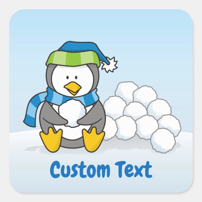 Sticker Carré Petit pingouin assis avec des boules de neige (Devant)