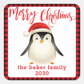 Sticker Carré Petit pingouin mignon avec le chapeau de Noël