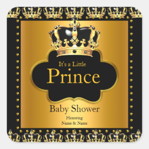 Sticker Carré Petit Prince Baby Shower Couronne Garçon Noir Or