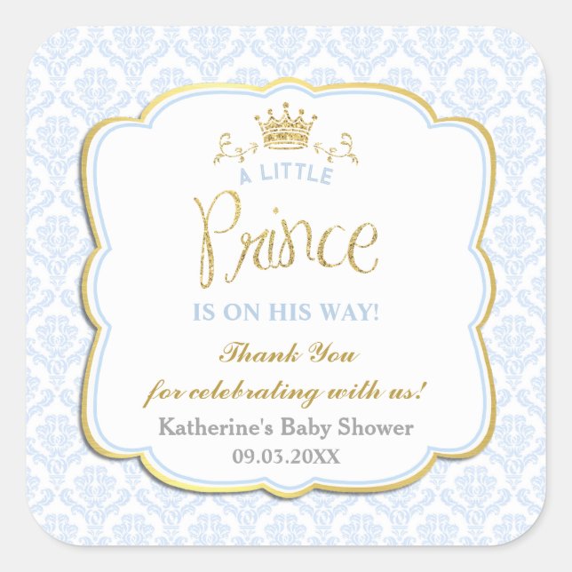Sticker Carré Petit Prince Blue Damask Gold Crown Baby shower (Devant)