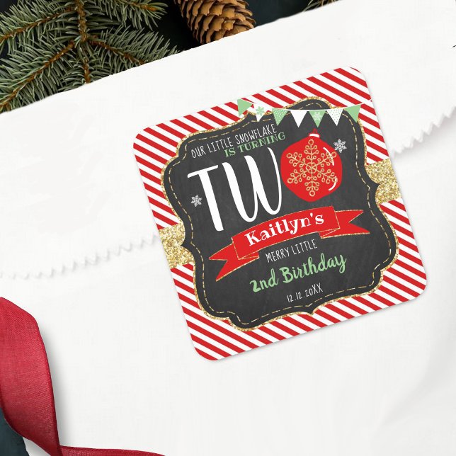 Sticker Carré Petit Snowflake Turning 2 ! Noël 2 Anniversaire (Créateur téléchargé)