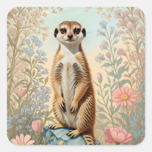 Sticker Carré Petit Suricate Floral Pastel Mignon