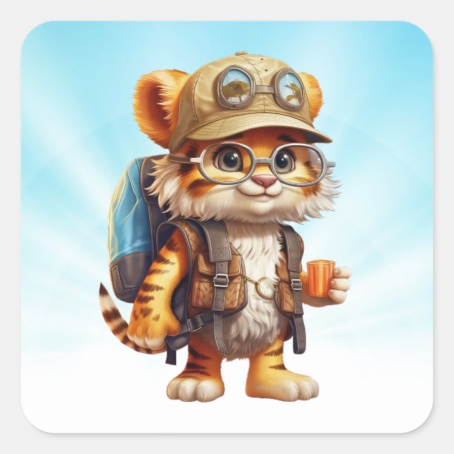 Sticker Carré Petit Tigre Joyeux avec Sac à Dos et café (Devant)