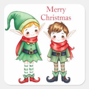 Sticker Carré Petite aquarelle Joyeux elfes de Noël