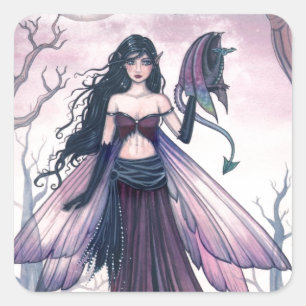 Sticker Carré Petite bête Purple Fairy et Dragon Fantasy Art