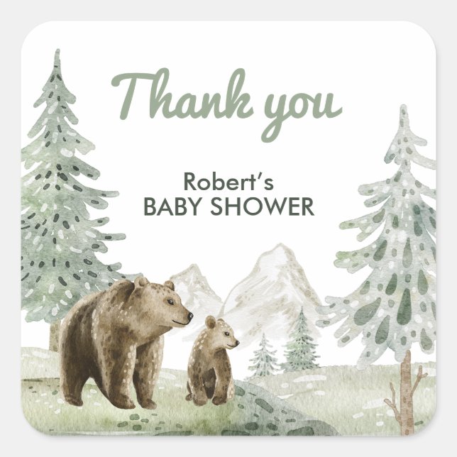 Sticker Carré Petite carte de baby shower de forêt d'ours-bébé s (Devant)