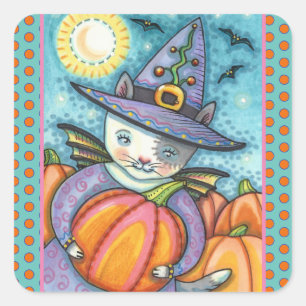 STICKER CARRÉ PETITE CUISINE DE CHAT DE BAT, CUTE & COLORÉE