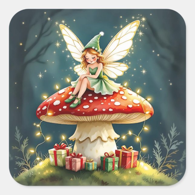 Sticker Carré Petite Fée de Noël sucrée sur Champignon (Devant)