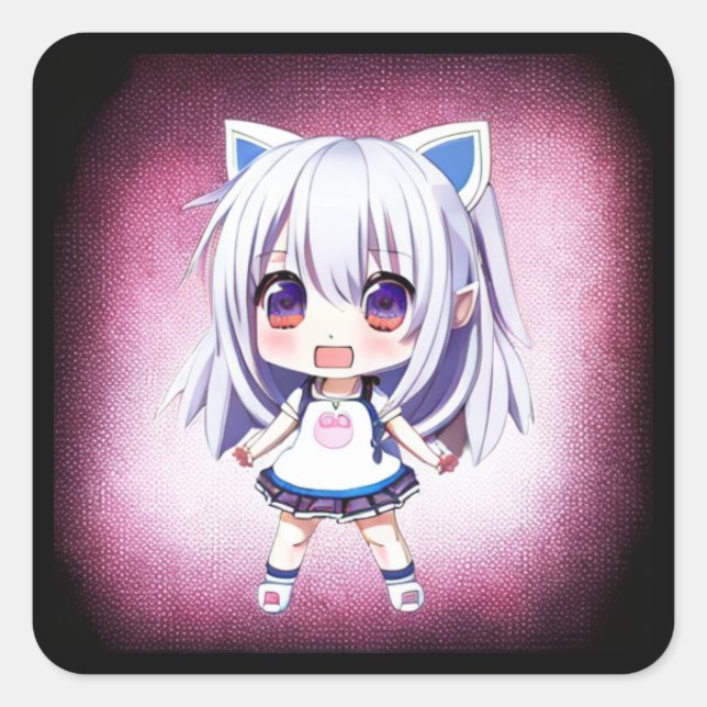 Sticker Carré Petite fille Anime avec bandeau pour oreilles de c (Devant)