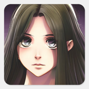 Sticker Carré Petite fille Anime avec cheveux Brown et yeux bleu