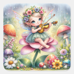 Sticker Carré Petite fille Anime avec Violon sur Champignons