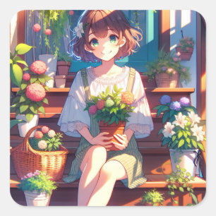 Sticker Carré Petite fille Anime tenant un Plante