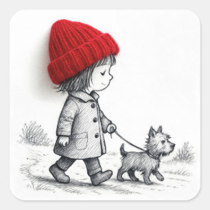 Sticker Carré Petite Fille Au Chapeau Rouge Promenant Son Chien