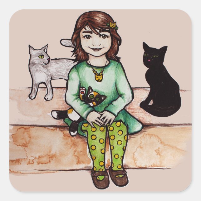 Sticker Carré Petite fille avec chats (Devant)