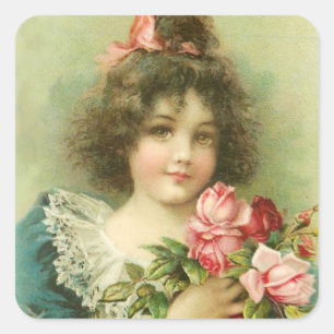 Sticker Carré Petite fille avec la Saint-Valentin rose de roses