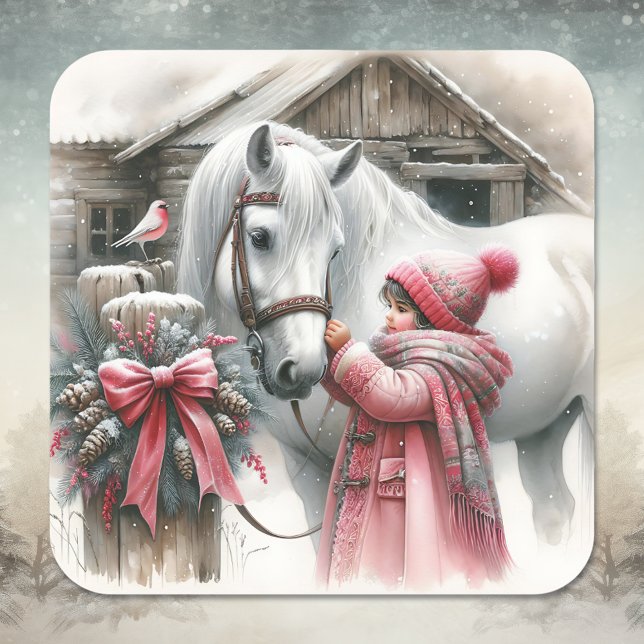 Sticker Carré Petite fille et son cheval Noël festif (Créateur téléchargé)