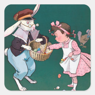 Sticker Carré Petite fille lapin lapin vintage Oeuf de Pâques