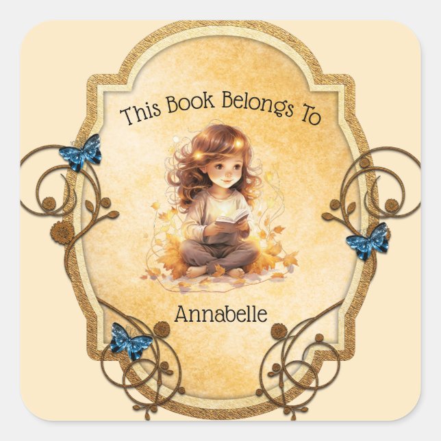 Sticker Carré Petite fille magique lisant un livre (Devant)