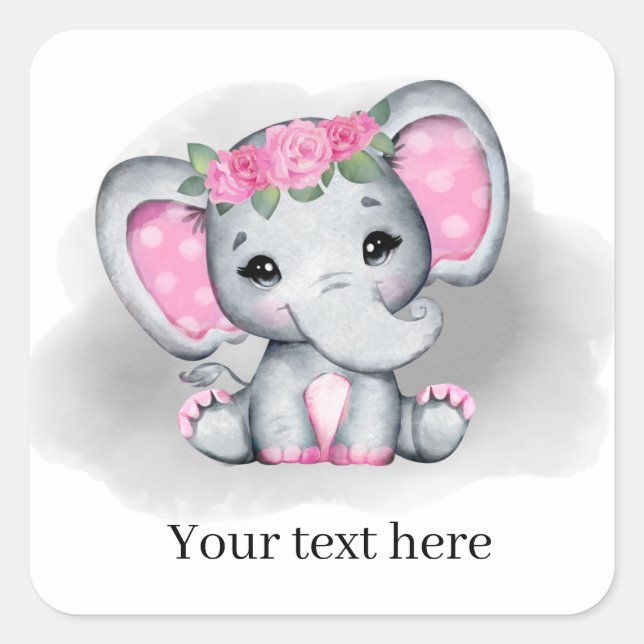 Sticker Carré petite fille mignonne éléphant ajouter du texte n' (Devant)