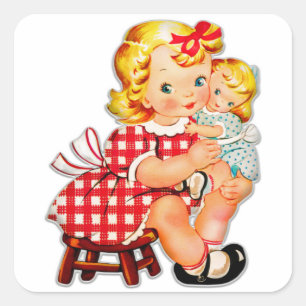 Sticker Carré Petite fille retro vintage poupée