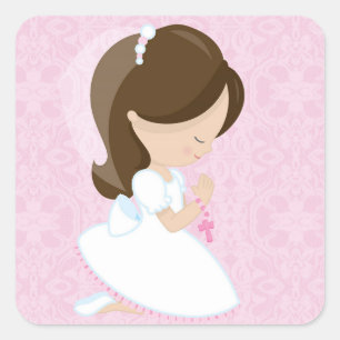 Sticker Carré Petite fille, rose, première communion